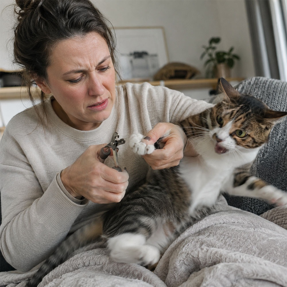 Žena sa pokúša ostrihať pazúriky mačke, ktorá odťahuje labku