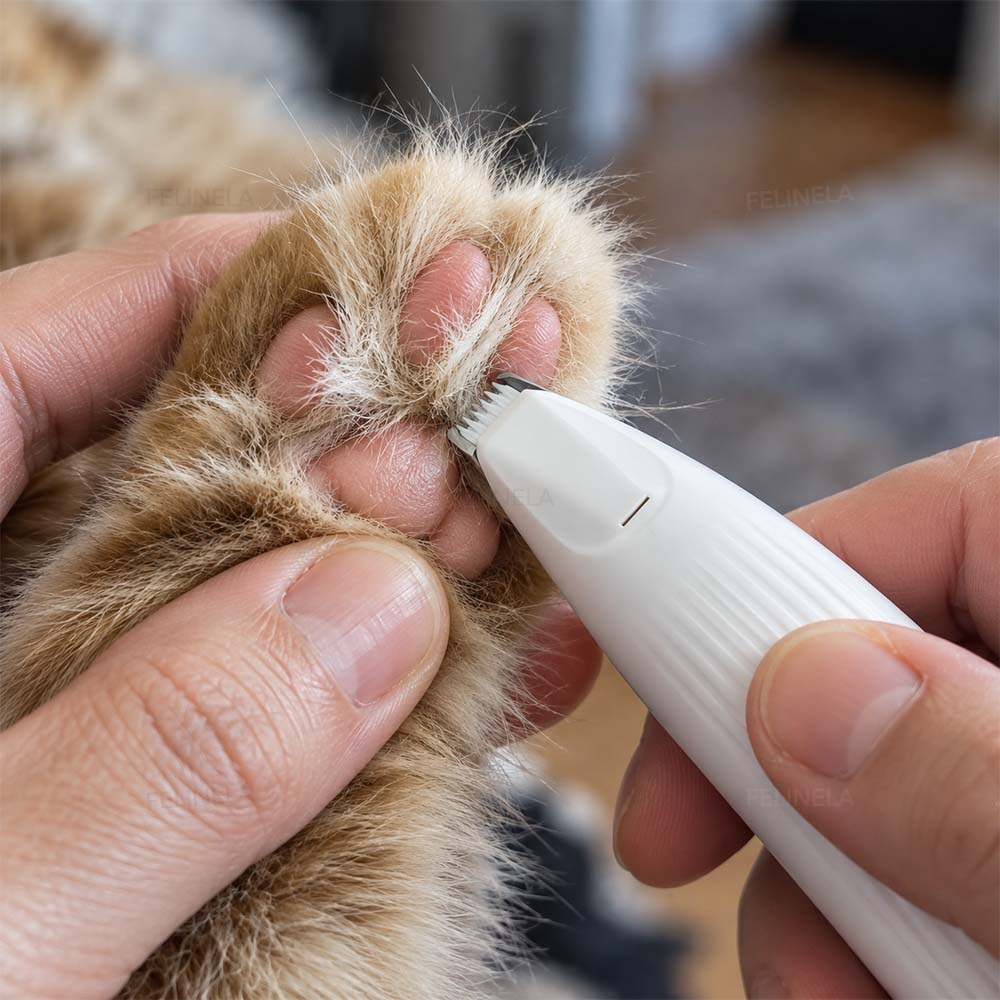 Zastrihávač skracuje srsť medzi vankúšikmi na mačacej labke