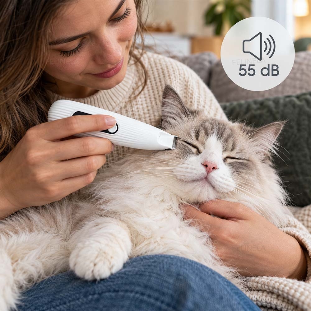 Žena zastriháva srsť pri ňufáku pokojnej mačky, vedľa je ikona s údajom 55 dB