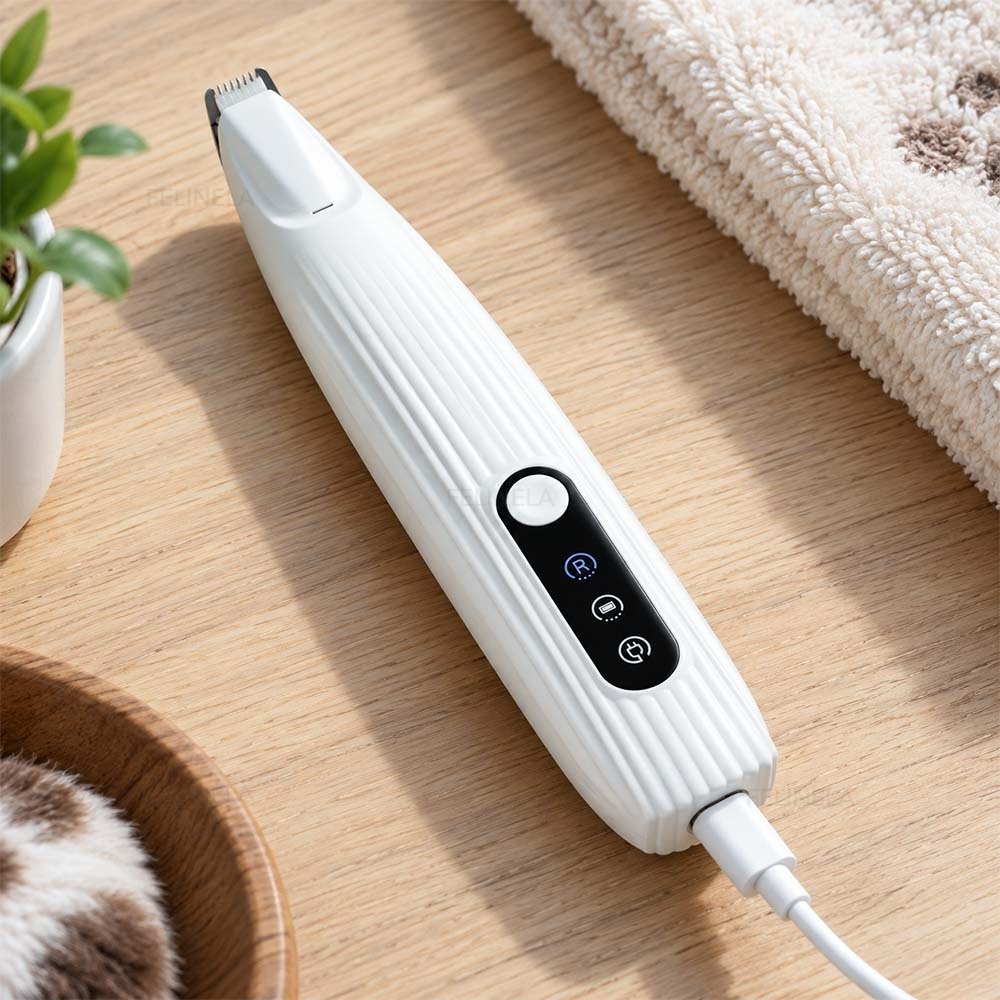 Zastrihávač s pripojeným káblom USB-C na drevenej doske
